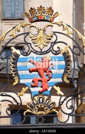 Coat of arms with lion figure on railing, Grand Ducal Palace, Palais grand-ducal, Luxembourg Stock Photo