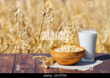 vegan oat milk in glass with oatmeal in bowl on table over against ripe cereal field Stock Photo