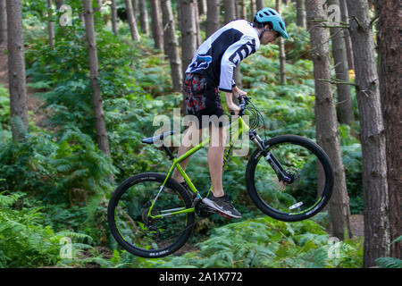 Teenage boy leaping around on a mountain biking on Kinver Edge forest track surrounded by tall pine trees. Stock Photo