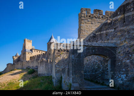 Carcassonne is a French fortified city in the department of Aude, in the region of Occitanie. A prefecture, it has a population of about 50,000.  Inha Stock Photo