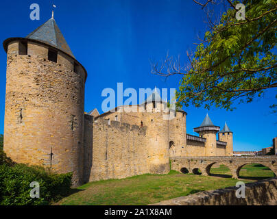 Carcassonne is a French fortified city in the department of Aude, in the region of Occitanie. Stock Photo