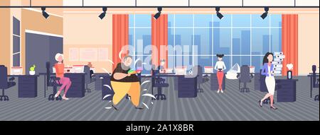 fat obese man designer holding sample of color palette guide overweight guy with colors catalog obesity concept modern office interior flat full Stock Vector