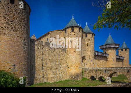 Carcassonne is a French fortified city in the department of Aude, in the region of Occitanie. Stock Photo