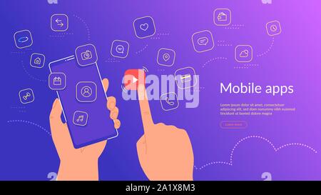 Human hand holding smartphone and choosing a mobile app icon for video streaming and hosting. Gradient line vector illustration of user interface, use Stock Vector