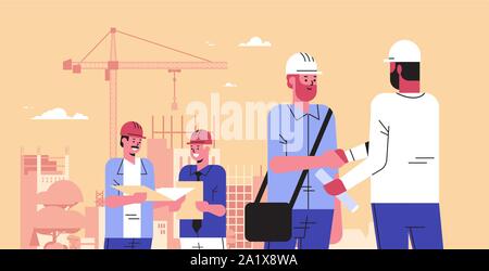 builders team shaking hands during meeting mix race engineers workers in helmet discussing new project on blueprint handshake agreement concept Stock Vector
