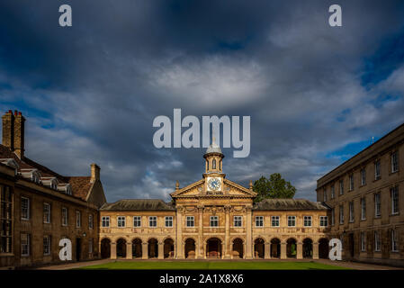 The Clocktower and Front Court at Emmanuel College, Cambridge University. The college was founded in 1584. Architect: Christopher Wren. Stock Photo