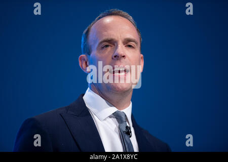 Manchester, UK. 29th September 2019. Dominic Raab speaks at day one of the Conservative Party Conference in Manchester. © Russell Hart/Alamy Live News. Stock Photo
