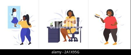 set fat obese people in different poses overweight african american female characters collection obesity unhealthy lifestyle concept flat full length Stock Vector