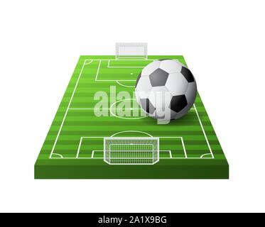 3d soccer field with green grass, goals and white and black ball Stock Vector