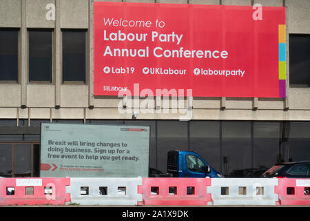 Labour Party Annual Conference 2019 banner and vehicle displaying information about Brexit outside of the Brighton Centre. Brighton, East Sussex. Stock Photo