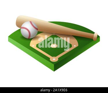 3d baseball base, field part with bat and ball Stock Vector