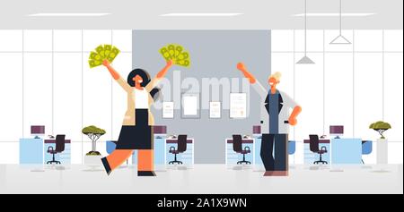 excited businesswoman holding raised dollar cash money rich business women couple standing together financial success concept modern office interior Stock Vector