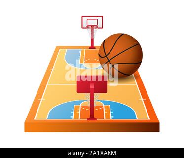 3d basketball court with hoops and orange ball Stock Vector