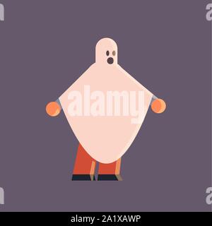 cute guy wearing ghost costume man in cape standing pose happy halloween party celebration concept flat full length Stock Vector