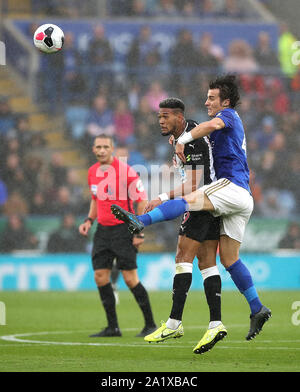 Newcastle United's Joelinton (second right) and Leicester City's Caglar Soyuncu (right) battle for the ball during the Premier League match at the King Power Stadium, Leicester. Stock Photo