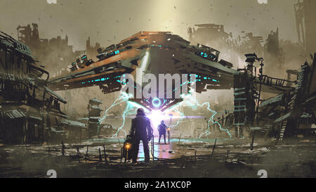 the encounter between two futuristic humans with the spaceship in the background against an abandoned earth, digital art style, illustration painting Stock Photo