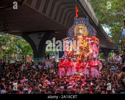 Mumbai, India - September 12,2019 : Thousands of devotees bid adieu to Lalbaugcha Raja in Mumbai during Ganesh Visarjan which marks the end of the ten Stock Photo