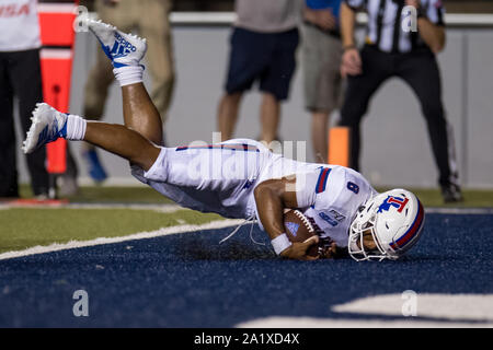 Overtime. 28th Sep, 2019. Louisiana Tech Bulldogs quarterback J'Mar Smith (8) scores the winning touchdown during the overtime period of an NCAA football game between the Louisiana Tech Bulldogs and the Rice Owls at Rice Stadium in Houston, TX. Louisiana Tech won the game 23 to 20 in overtime.Trask Smith/CSM/Alamy Live News Stock Photo