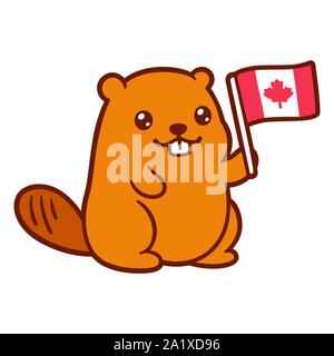 Cute cartoon beaver holding Canadian flag, Happy Canada Day illustration. Isolated vector clip art character drawing. Stock Vector