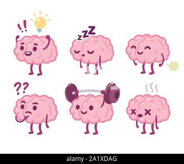 Funny cartoon brain character drawing set. Smart brain with lightbulb, sleeping, farting, thinking, training and dead. Cute vector hand drawn illustra Stock Vector