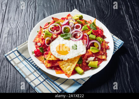 Fried tortilla chips cooked with eggs, tomato salsa, and cheese, mexican brunch on a white plate, horizontal view, close-up Stock Photo
