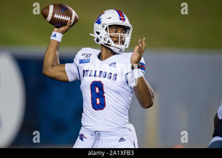 Overtime. 28th Sep, 2019. Louisiana Tech Bulldogs quarterback J'Mar Smith (8) passes during the 3rd quarter of an NCAA football game between the Louisiana Tech Bulldogs and the Rice Owls at Rice Stadium in Houston, TX. Louisiana Tech won the game 23 to 20 in overtime.Trask Smith/CSM/Alamy Live News Stock Photo