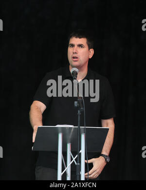 Manchester, UK. 29th September,2019. A speaker at the Peoples Assembly protest march in Manchester,  Lancashire, UK. Credit: Barbara Cook/Alamy Live News Stock Photo