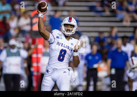 Overtime. 28th Sep, 2019. Louisiana Tech Bulldogs quarterback J'Mar Smith (8) passes during the 3rd quarter of an NCAA football game between the Louisiana Tech Bulldogs and the Rice Owls at Rice Stadium in Houston, TX. Louisiana Tech won the game 23 to 20 in overtime.Trask Smith/CSM/Alamy Live News Stock Photo