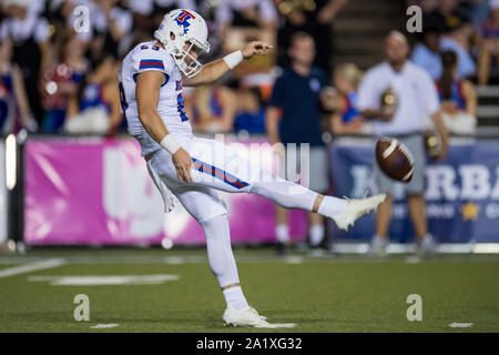 Overtime. 28th Sep, 2019. Louisiana Tech Bulldogs kicker Brady Farlow (29) punts during the 3rd quarter of an NCAA football game between the Louisiana Tech Bulldogs and the Rice Owls at Rice Stadium in Houston, TX. Louisiana Tech won the game 23 to 20 in overtime.Trask Smith/CSM/Alamy Live News Stock Photo