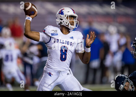 Overtime. 28th Sep, 2019. Louisiana Tech Bulldogs quarterback J'Mar Smith (8) passes during the 3rd quarter of an NCAA football game between the Louisiana Tech Bulldogs and the Rice Owls at Rice Stadium in Houston, TX. Louisiana Tech won the game 23 to 20 in overtime.Trask Smith/CSM/Alamy Live News Stock Photo