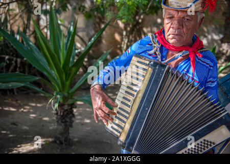 Caruaru, Pernambuco, Brazil - July 11, 2016: Man wearing traditional clothes and straw hat plays accordion during Brazilian June parties (São João) Stock Photo