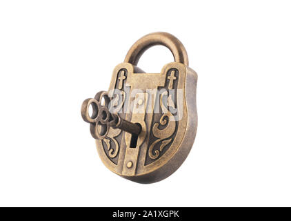 Vintage padlock and key isolated on white background with clipping path Stock Photo