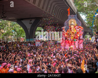 Mumbai, India - September 12,2019 : Thousands of devotees bid adieu to Lalbaugcha Raja in Mumbai during Ganesh Visarjan which marks the end of the ten Stock Photo