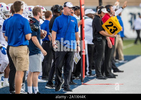 Overtime. 28th Sep, 2019. Louisiana Tech Bulldogs head coach Skip Holtz during the 1st quarter of an NCAA football game between the Louisiana Tech Bulldogs and the Rice Owls at Rice Stadium in Houston, TX. Louisiana Tech won the game 23 to 20 in overtime.Trask Smith/CSM/Alamy Live News Stock Photo