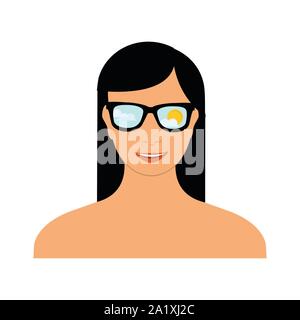 Beautiful teenage girl, woman with different facial expression. Brunette woman with sunglasses and  blue sky, sun and cloud reflection Stock Vector