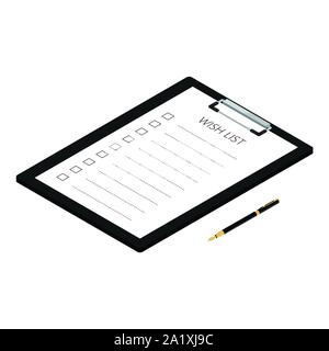 Vector illustration fountain pen and black clipboard with wish list paper isolated on white background isometric view. Stock Vector