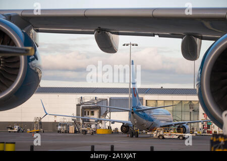 Glasgow, UK. 28 September 2019.  Pictured: A TUI Boeing 737 is seen in the background under the gigantic wing of a Hi Fly Super Jumbo Airbus A380-800 which was used for Operation Matterhorn. Following the immediate fallout from the collapsed tour company Thomas Cook, Operation Matterhorn is still in full swing at Glasgow Airport. The grounded and impounded Thomas Cook aircraft have been moved to a quieter part of the airfield to make way for the wide body fleet needed for operation Matterhorn. Colin Fisher/CDFIMAGES.COM Stock Photo