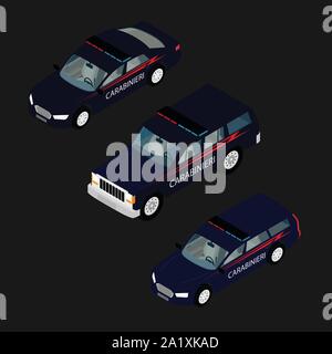 Carabinieri police car with lights icon set isolated on background isometric view. Police car Stock Vector