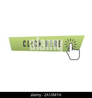 Hand cursor with animation of action over green button with text click here on white background. Web icons element. Vector illustration Stock Vector