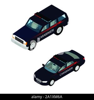 Carabinieri police car with lights icon set isolated on white background isometric view. Police car Stock Vector