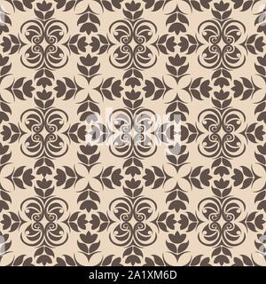 Seamless Pattern of abstract elements or butterflies and leaves with flowers of dark color on a beige background. Decoration for fabrics or tiles. Stock Vector