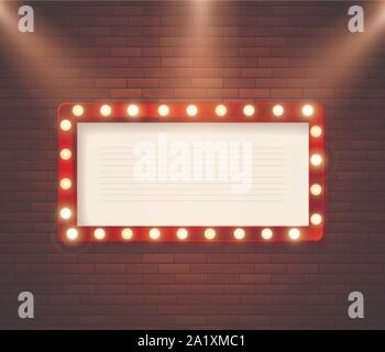 Retro signboard with lights. Advertising banner on brick wall. Show or circus advertising. Vector illustration Stock Vector