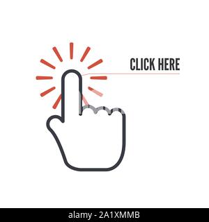 Hand cursor with animation of action and text click here on white  background. Web icons element. Vector illustration Stock Vector Image & Art  - Alamy