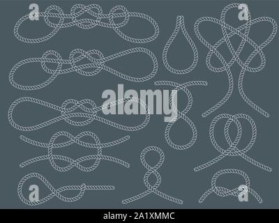 Set of nautical knots. Flat vector white outline rope. Stock Vector