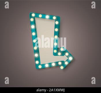 Arrow banner. Retro signboard with shiny lights. Advertising banner on dark background. Vector illustration Stock Vector