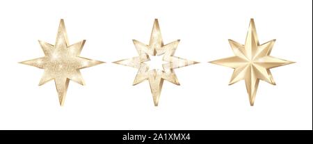 Set of golden stars with glitter. Christmas decoration element. Luxury elegant award - Star. Vector illustration isolated on white background Stock Vector