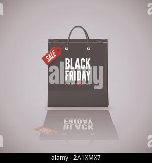 Black Friday Offer. Bag with red tag Sale and text with discount. Illustration with reflection for for banner. Vector Stock Vector
