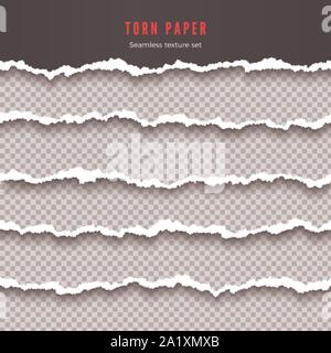 Set of seamless torn paper border stripes. Paper texture with damaged edge isolated on transparent background. Vector illustration Stock Vector