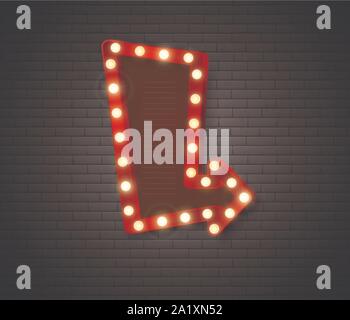 Arrow banner. Retro signboard with shiny lights. Advertising banner on brick wall. Vector illustration Stock Vector