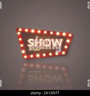 Retro Sign. Signboard with shiny lights and reflection. Show advertising. Vector illustration isolated on dark background Stock Vector